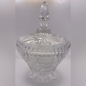 VTG Heavy Leaded Crystal Glass 3-Footed Candy Dish w/ Rose and Diamond Pattern